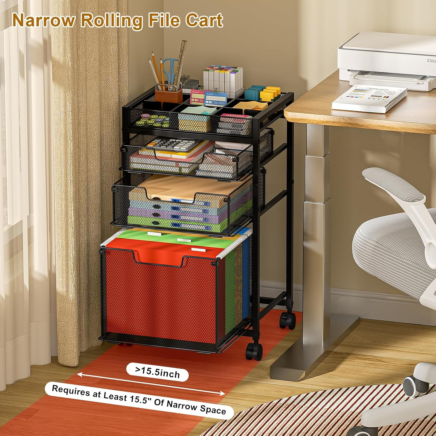 Rolling File Cart with 3 Storage Drawers, Under Desk Filing Cabinet with DIY Divider, Hanging File Folder Organizer on Wheels, Fits A4/Letter Size, Metal Utility Cart for Home Office