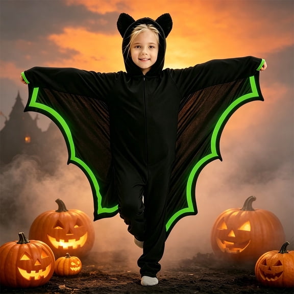 Ruyang Kids Boys Girls Hooded Jumpsuit Bat Wing Zip Up Halloween Outfit Autumn Holiday Party Dress Up Clothing 3-14 Years