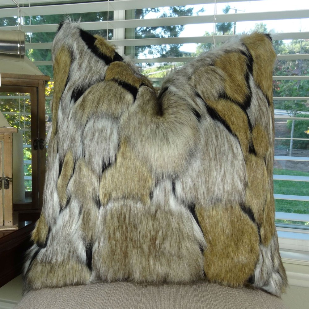 Thomas Collection Taupe Black Ivory Fox Faux Fur Throw Pillow 17484