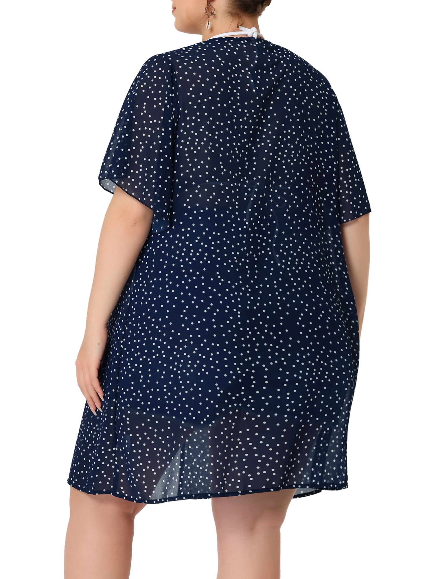 Unique Bargains Women's Plus Size Polka Dots Bell Sleeve Chiffon Summer Cardigans 1X Dark Blue