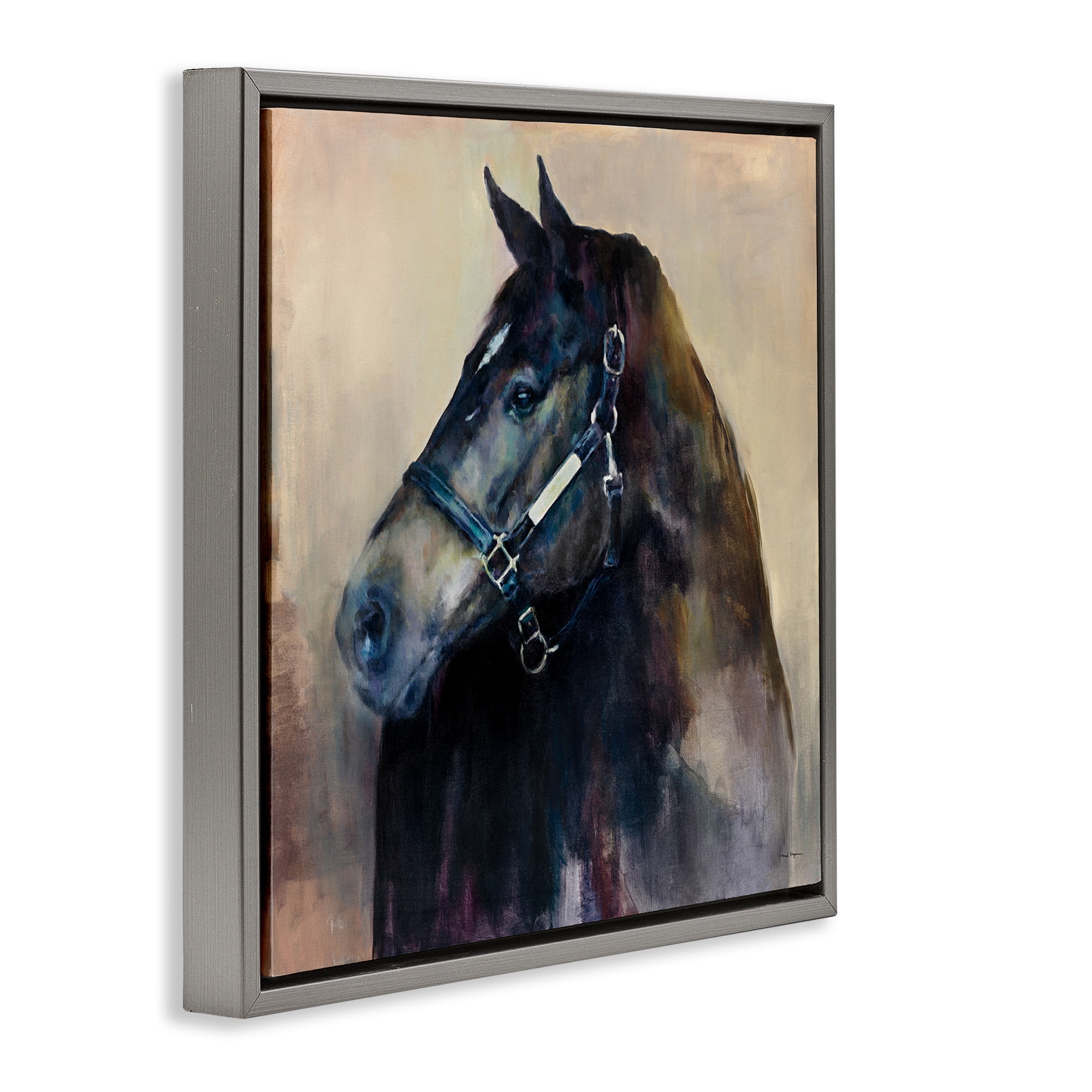 Stupell Industries Black Horse Riding Harness Watercolor Animals & Insects Painting Gray Floater Framed Canvas Art Print Wall Art, 18 x 18