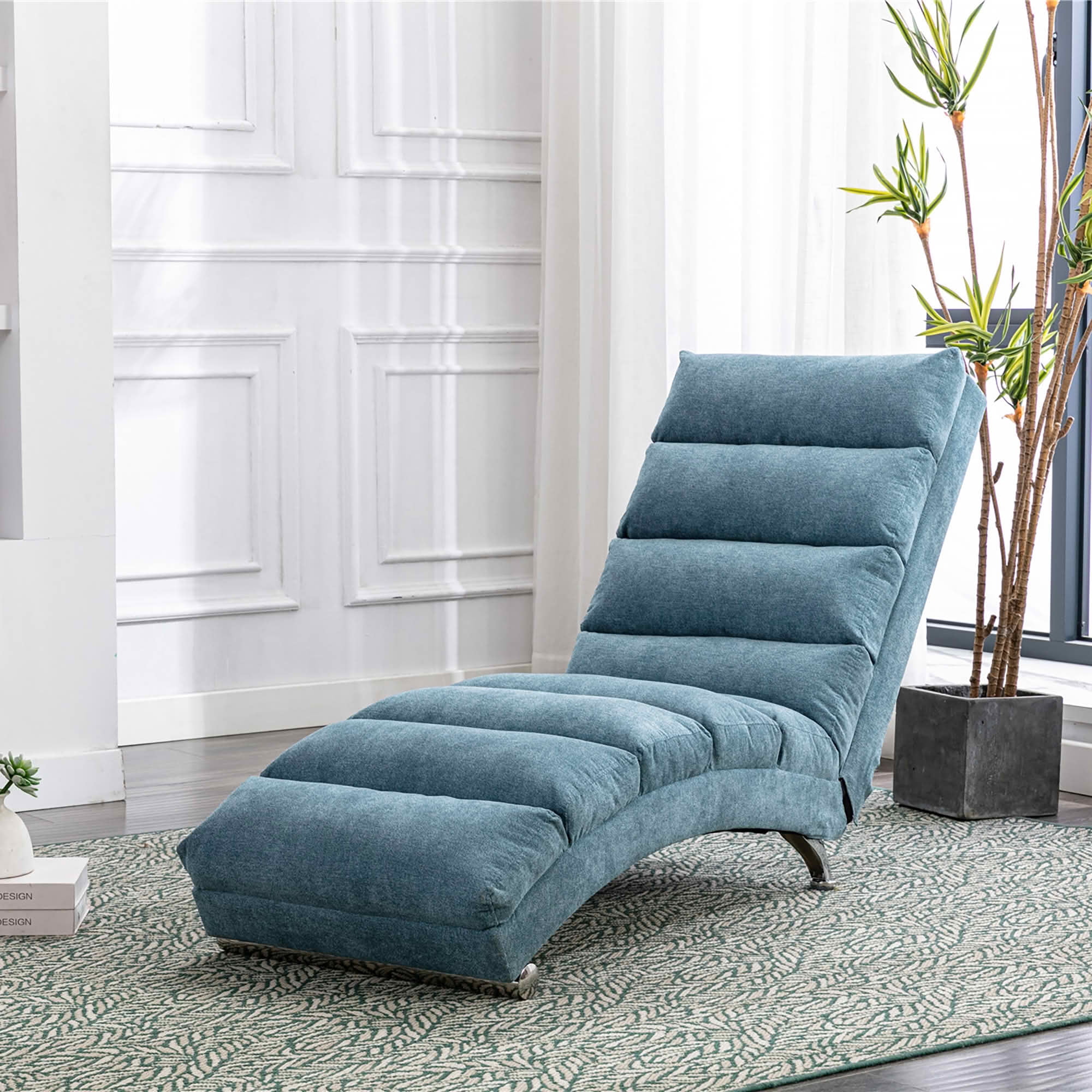 MAYEERTY Vibrating Upholstered Chaise Lounge Chair, Ergonomic Fixed Back Fabric Recliner Sofa with Side Pocket Remote Control for Living Room Bedroom