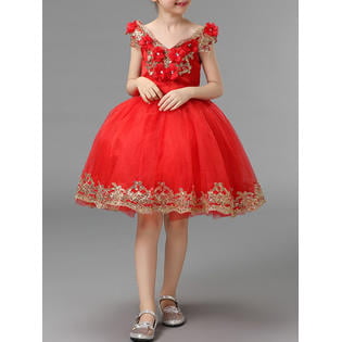 Kids Girls V-Neck Flower Decorated Fancy Dress (Best Animal Fancy Dress)