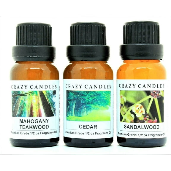 Crazy Candles 3 Bottles Set, 1 Sandalwood, 1 Cedar, 1 Mahogany Teakwood 1/2 fl oz Each (15ml) Premium Grade Scented Fragrance Oils