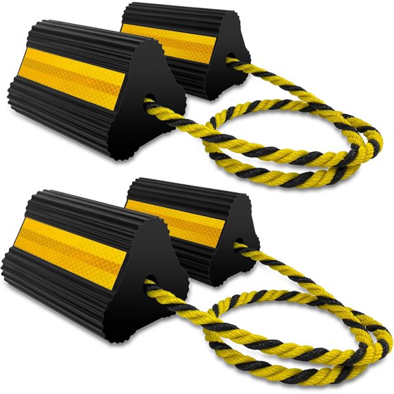 MRY Wheel Chocks 2 Pair/4 Pack with Rope for RV Trailer Camper Truck Car Aircraft, Heavy Duty Rubber Wheel Chocks Block with 3 Reflective Strips, Tire Immobilizers & Chocks