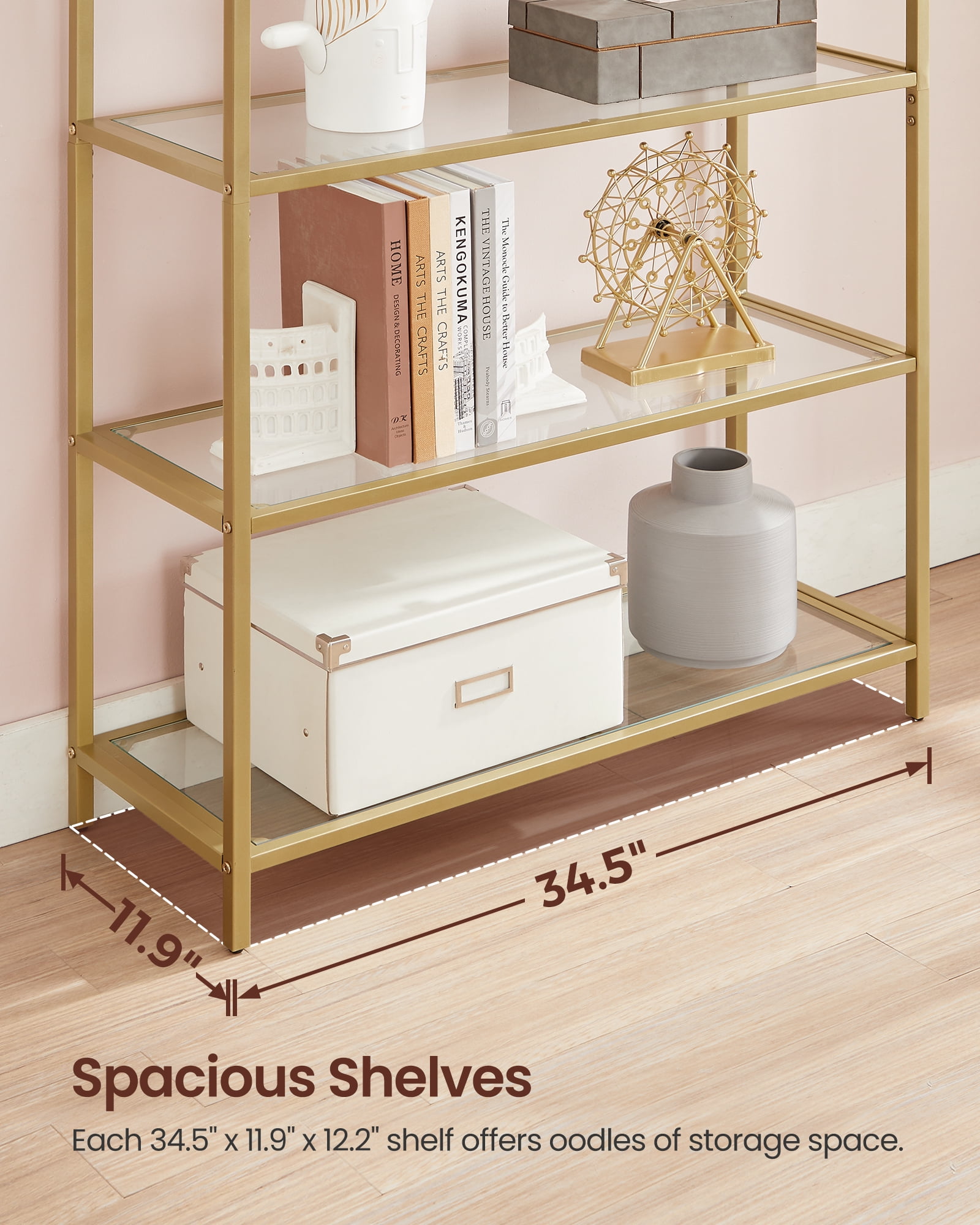 VASAGLE 5-Tier Gold Bookshelf Display Storage Shelf Modern Bookcase with Metal Frame for Bedroom Living Room Golden