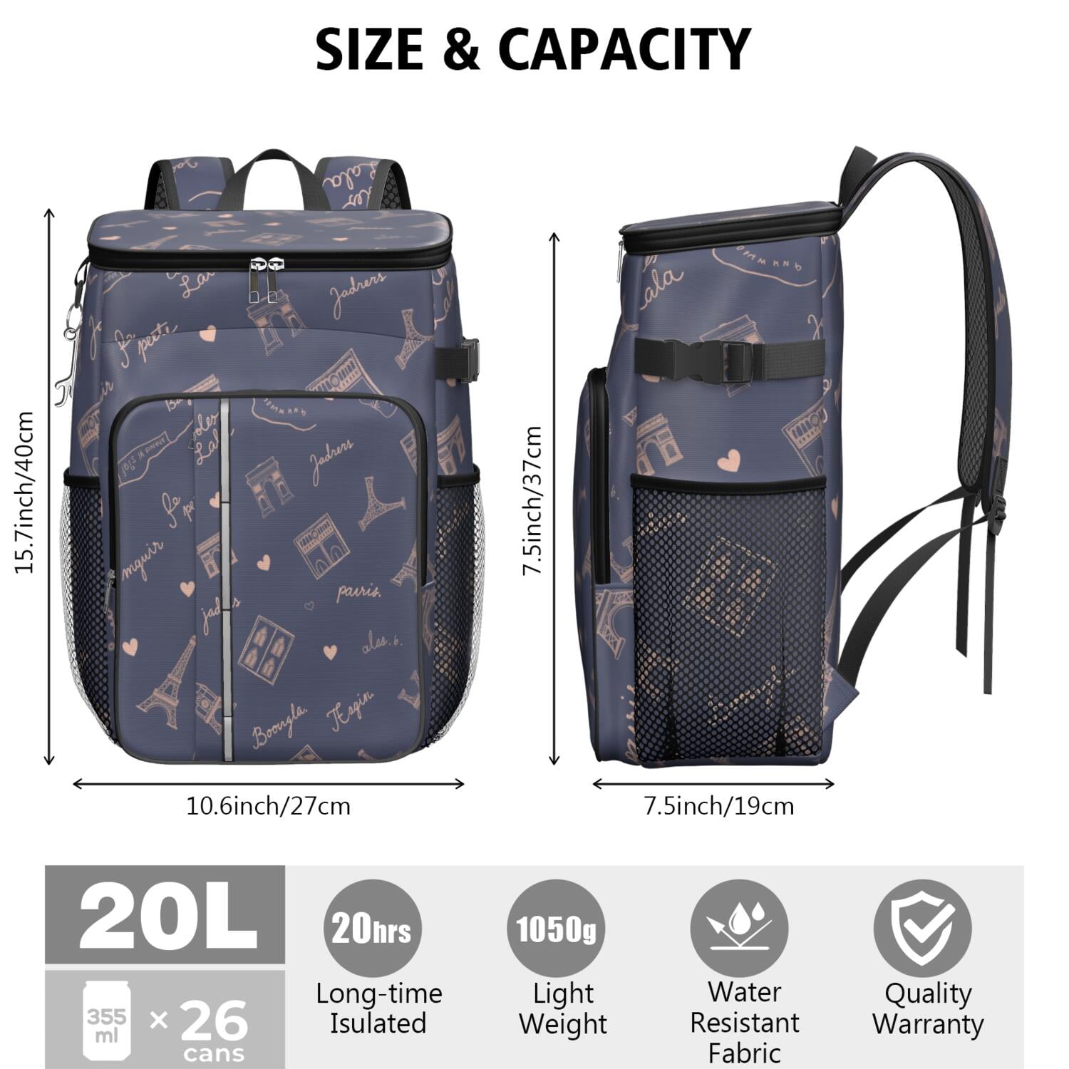 Eiffel Tower Cooler Backpack Insulated Waterproof Leak Proof Backpack Cooler Lightweight Lunch Picnic Camping Backpack Cooler for Men Women