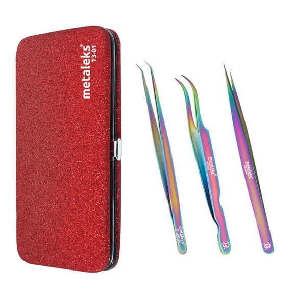 3 Pcs Russian Volume Japanese Stainless Steel Tweezers for Eyelash Extension in Red Titanium Coated with Red Magnetic Kit