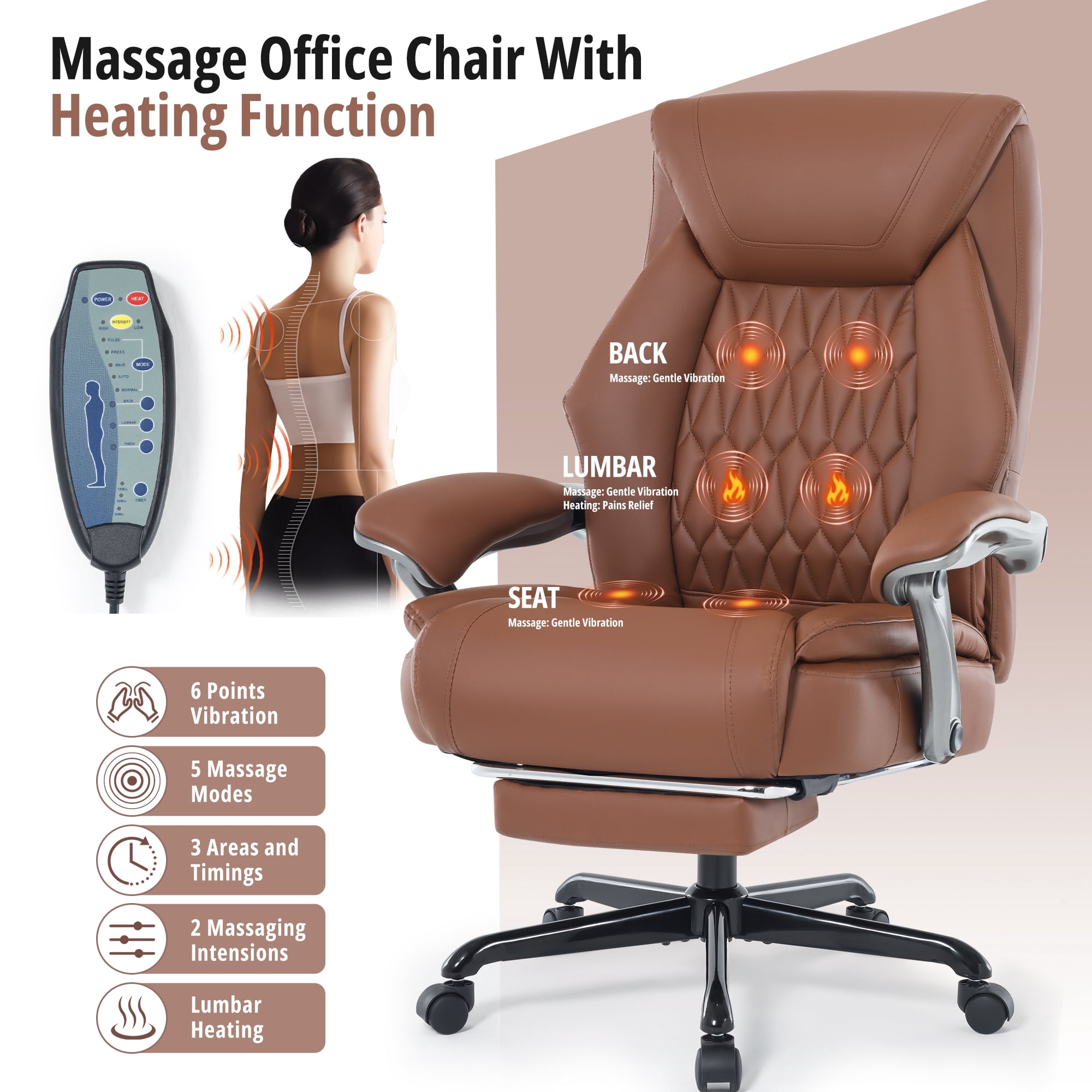 Heated Massage Office Chair with 6 Points Vibration, Reclining Ergonomic Desk Chair with Footrest for Extra Comfort, PU Leather High Back Executive Computer Chair, Thick Padded Massage Chair