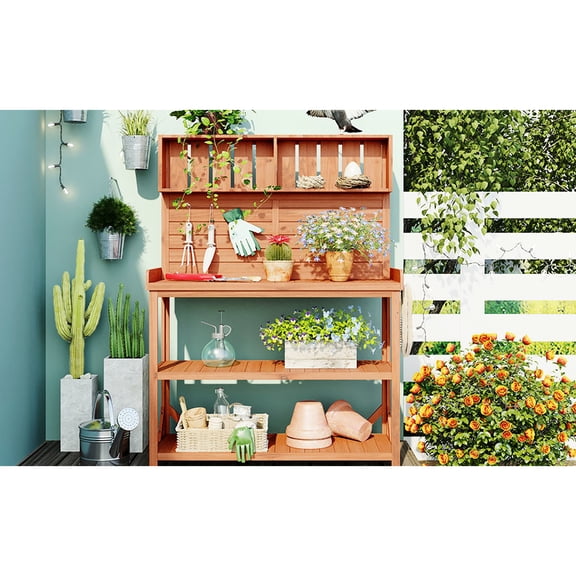 Large Garden Workbench In Wooden, With 4 Shelves And Hook, Natural Appearance For Outdoor Rustic Wooden Potting Bench Gardens, Finish