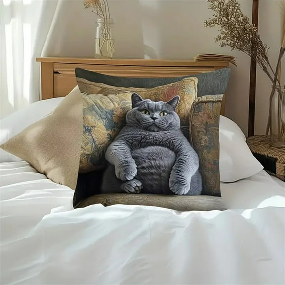 Funny Fat Gray Cat Throw Pillow Covers, Cute Cat Gray Throw Pillows Cover, Large Throw Pillow Case Fancy Decorative Pillow Cases, Couch Living Room Decor