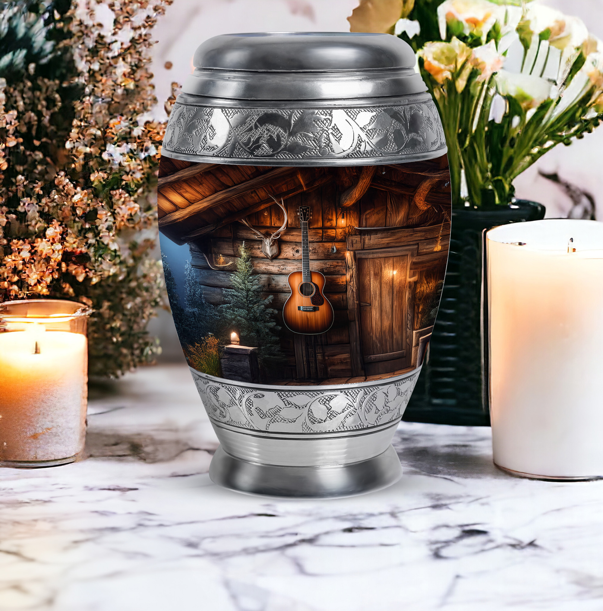 MUKTIVE Guitar Cremation Urns for Human Ashes Adult Male Keepsake - Brown Funeral Urns for Adult Ashes Large Men - Decorative Containers Holder - Remembrance Gifts for Loss (1 Large & 4 Keepsake)