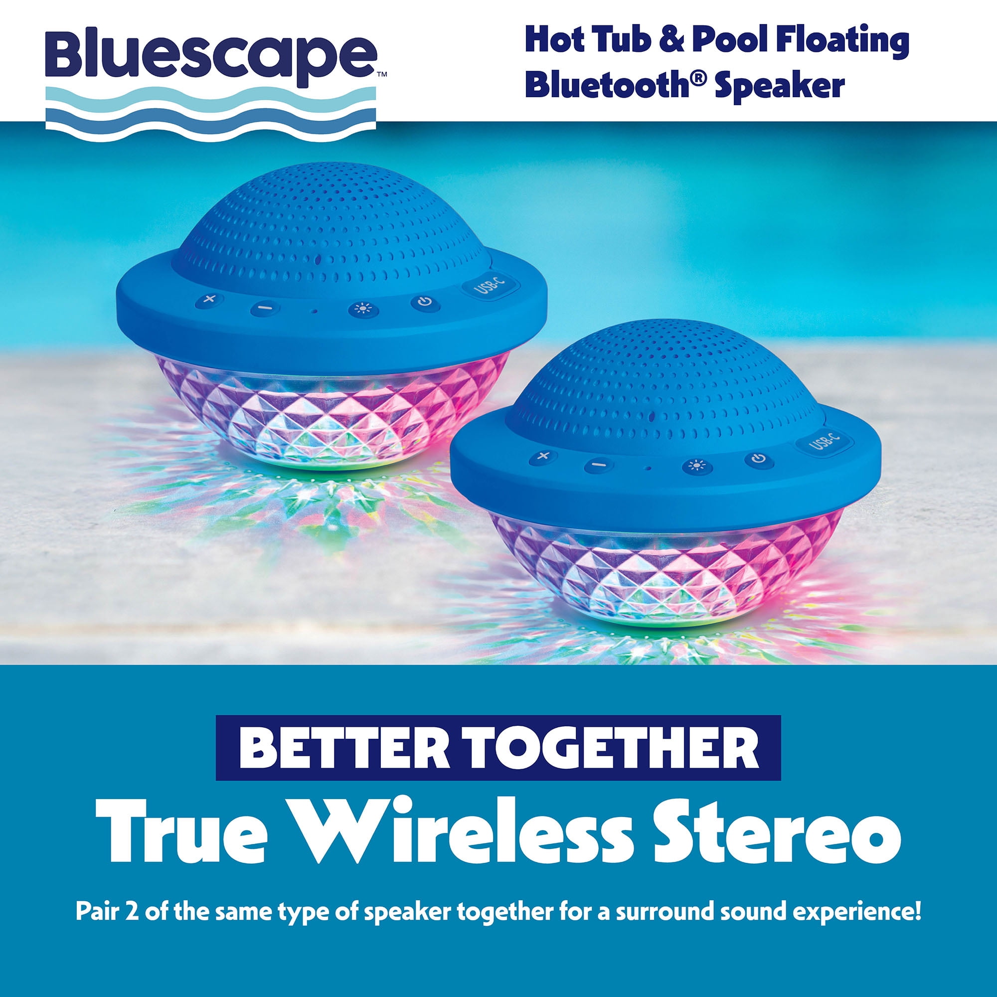 Bluescape Floating Bluetooth Speaker – IPX7 Waterproof, LED Light Show, FM Radio, 6-Hr Playtime, True Wireless Stereo, for Hot Tubs, Pools & Beach