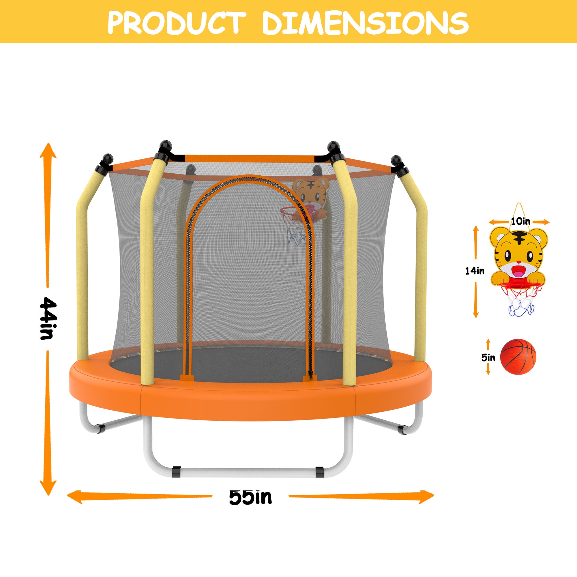LIZEVINC 55-Inch Outdoor Toddler Trampoline with Enclosure Net, Mini Round Trampoline for Kids with Basketball, Small Trampoline Gifts for Boy and Girls,Yellow