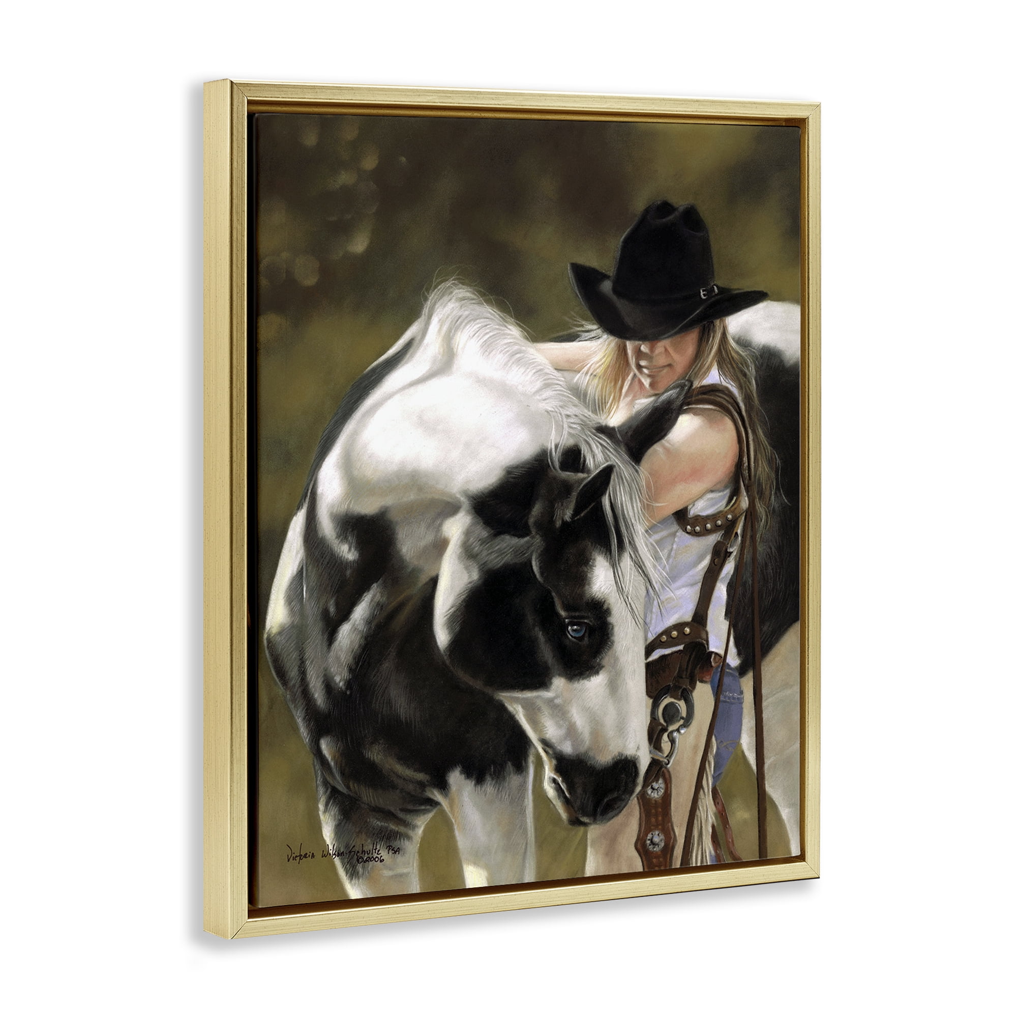 Stupell Industries Cowgirl & Spotted Horse Animals & Insects Painting Gold Floater Framed Canvas Art Print Wall Art, 25 x 31