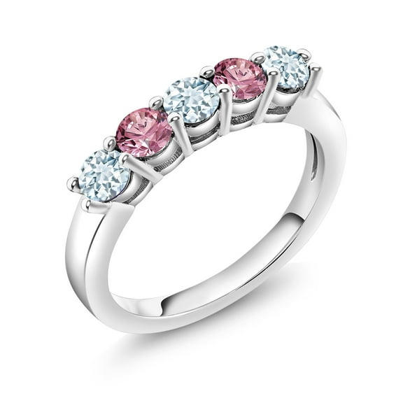 Gem Stone King 925 Sterling Silver Sky Blue Aquamarine and Pink Lab Grown Diamond 5-Stone Wedding Anniversary Band Ring for Women (0.87 Cttw, Gemstone March Birthstone, Size 6)