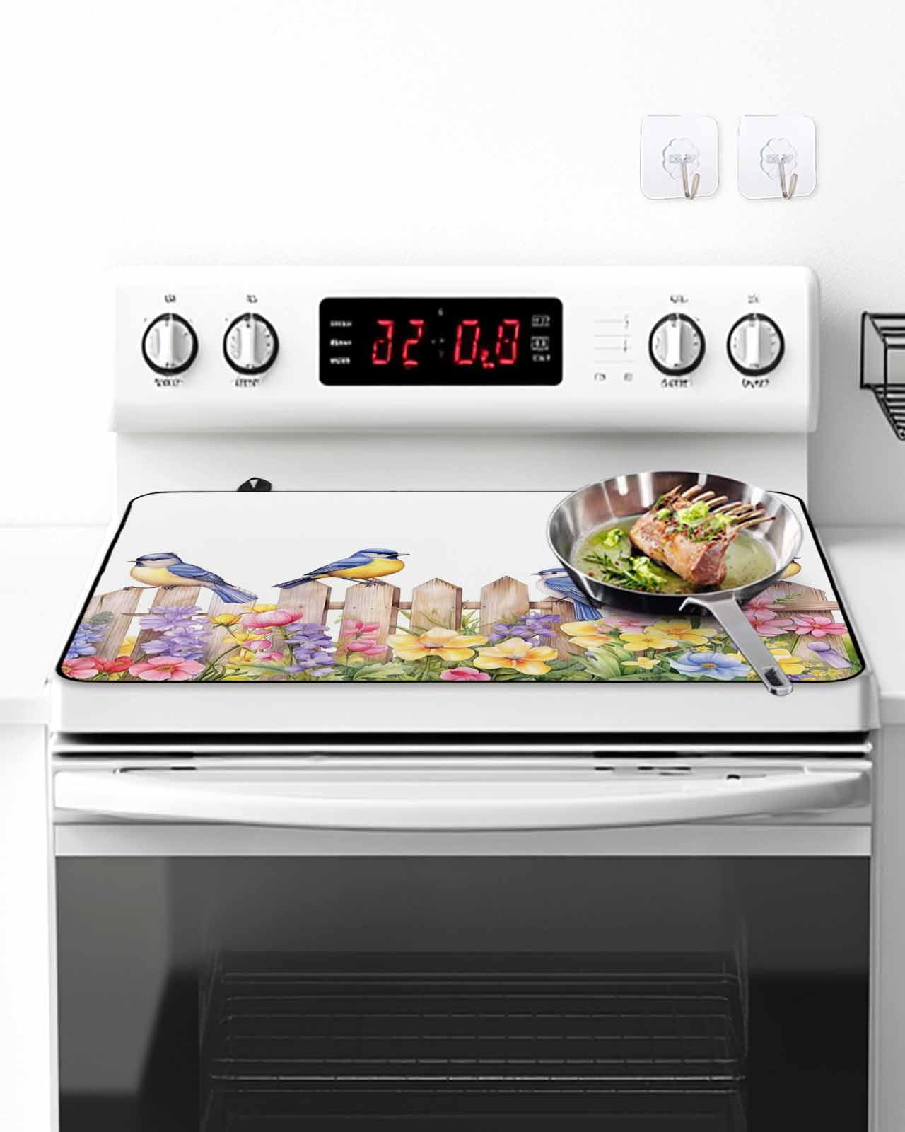 Stove Top Covers for Electric Stove, Spring Floral Glass Stovetop Cover Protector, Summer Birds Botanical Fence Induction Cooktop Protector Oven Mat for Kitchen Countertop 24"x21"
