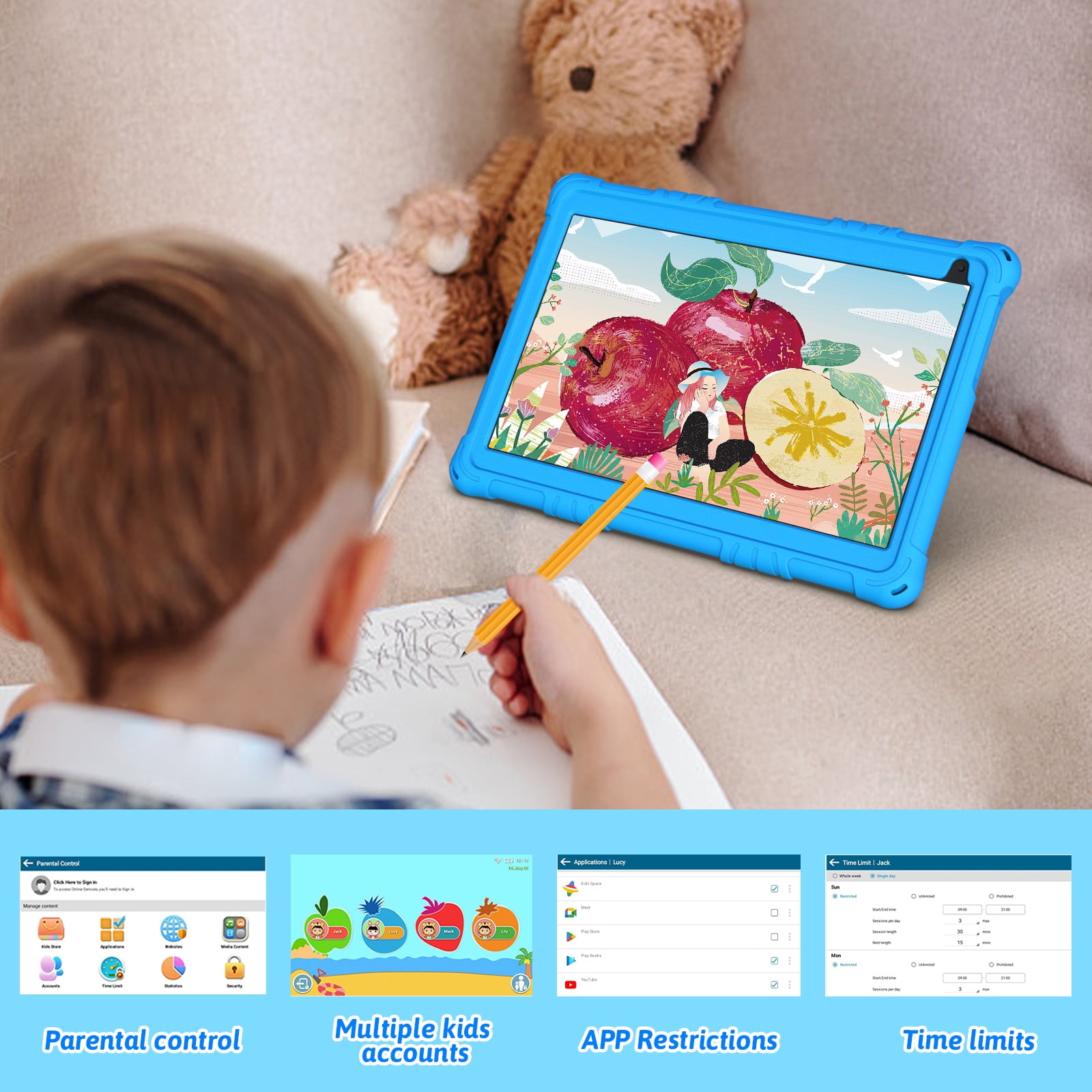 Android 15 Kids Tablet 10 inch Tablet for Kids, Toddler Tablets with Shockproof Case, 6GB RAM 32GB ROM 1TB Expand, Parental Controls, Kids Space, Child Learning, WiFi, 6000mAh, Dual Camera, Blue