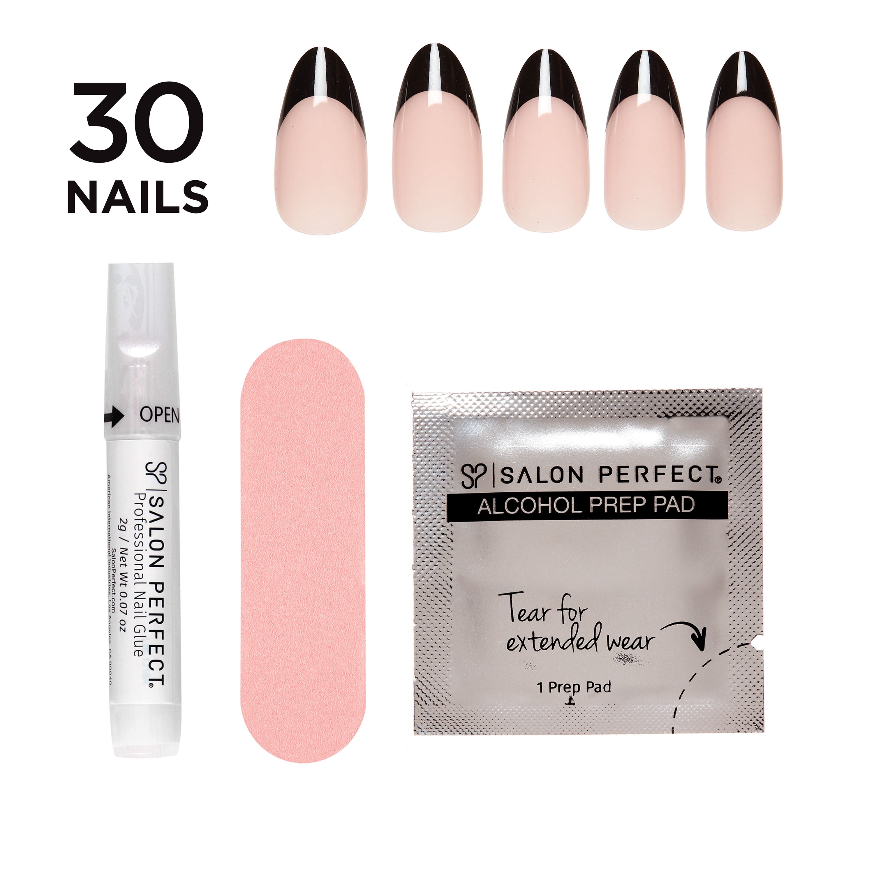 Salon Perfect Halloween Thrill Medium Almond Press-On Nails with Glue & File, Black French, 30 Pieces