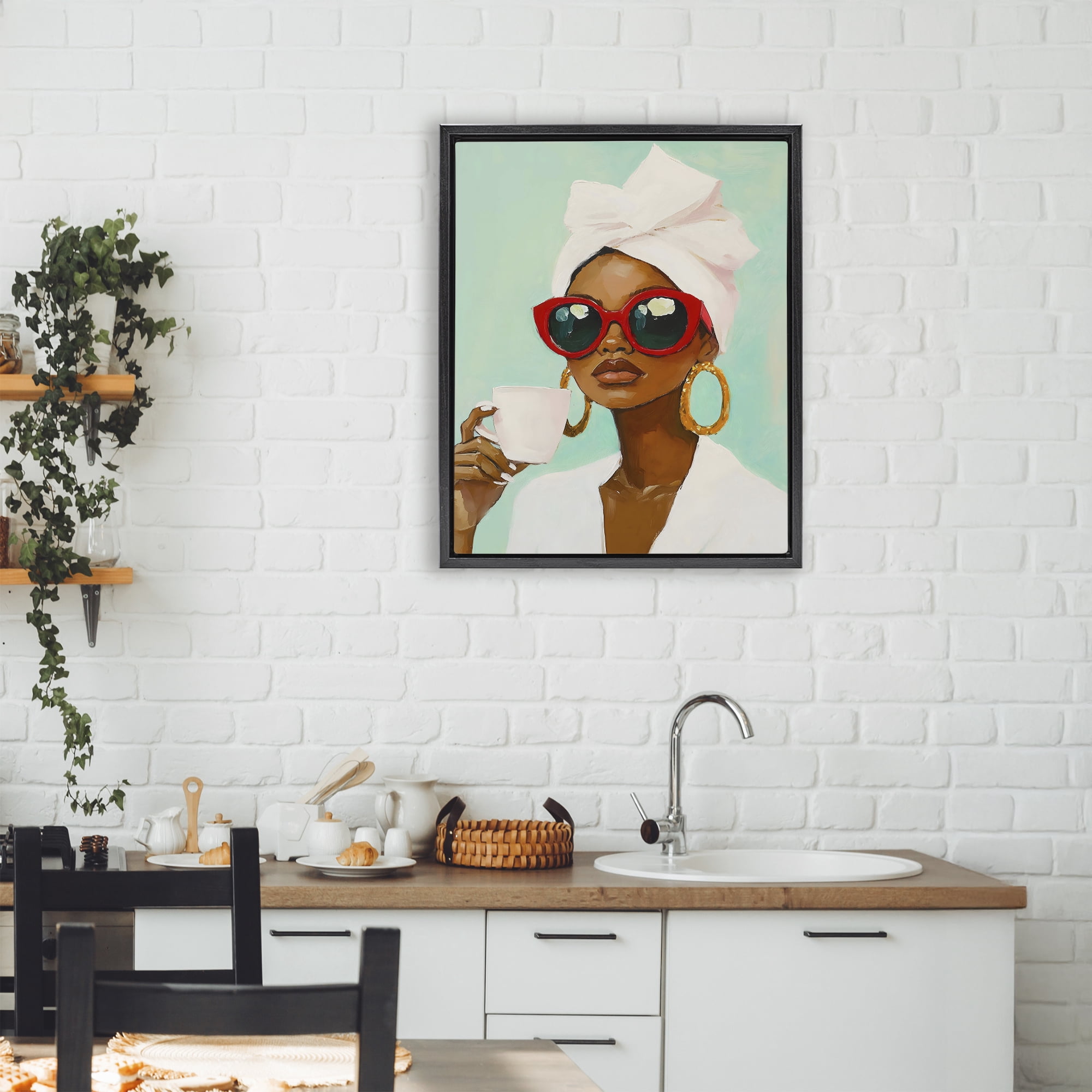 Stupell Industries Coffee Lover in Red Sunglasses Black Framed Floater Canvas Wall Art, design by The Prints Vibe