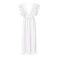 thumbnail image 5 of Fulijie Women's Solid Color Short Sleeves V Neck Leisure Formal Dress, Size S-2XL, Big&Tall, White, Women Wrap V Neck Ruffle Sleeve Tiered Midi Dress Tie Waist A Line Long Party Dress, 5 of 5