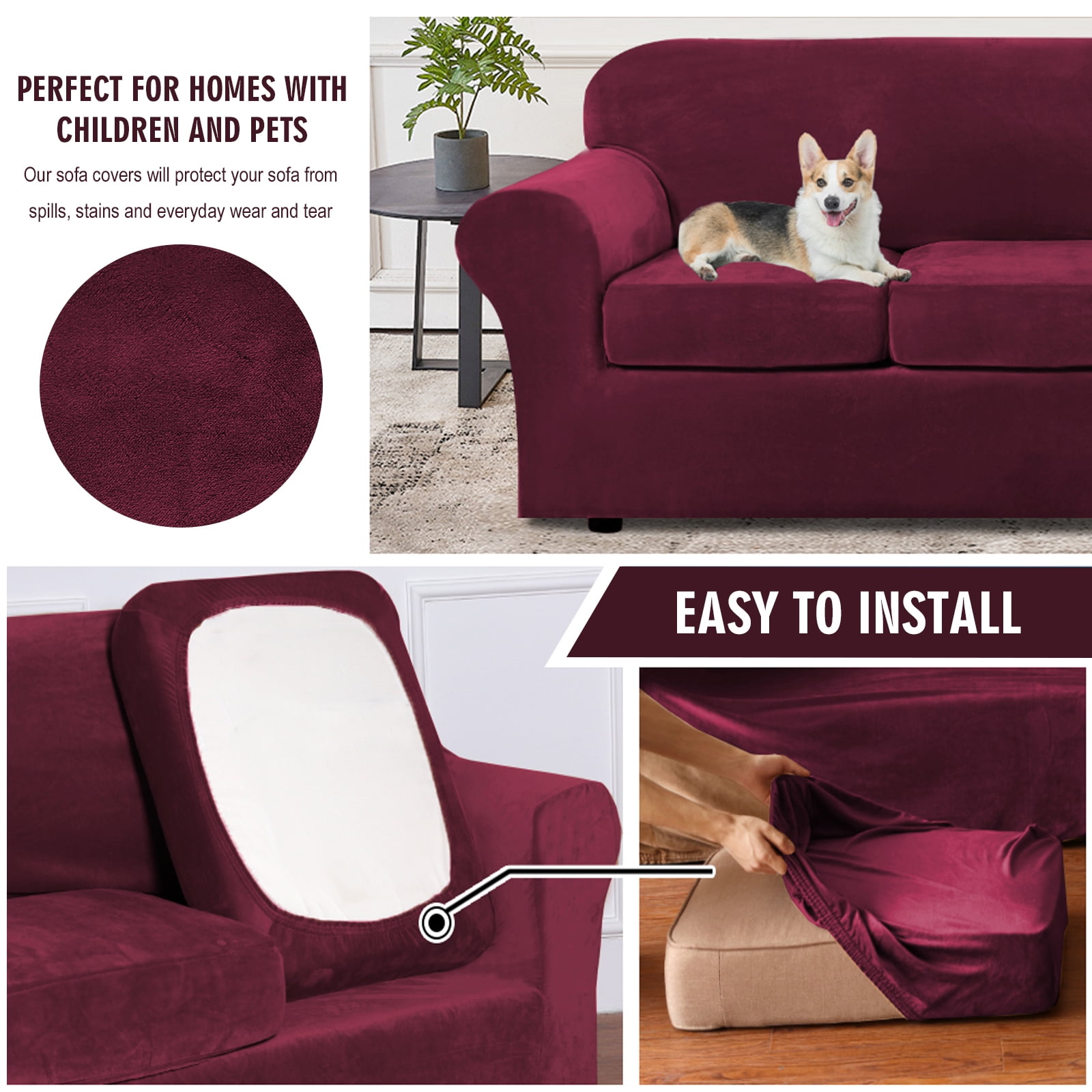 CJC 2-Piece Sofa Couch Covers, Velvet Armchair Slipcover for Separate Cushion Couch, Stretch Furniture Protector for Pets Kids, 9 Colors