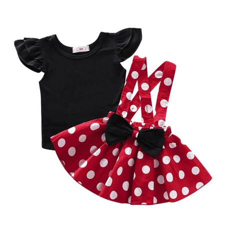 

Franhais Girls Fashion Dress Set Flying Sleeve Short Sleeve Top Wide Strap Polka Dot Skirt Suit
