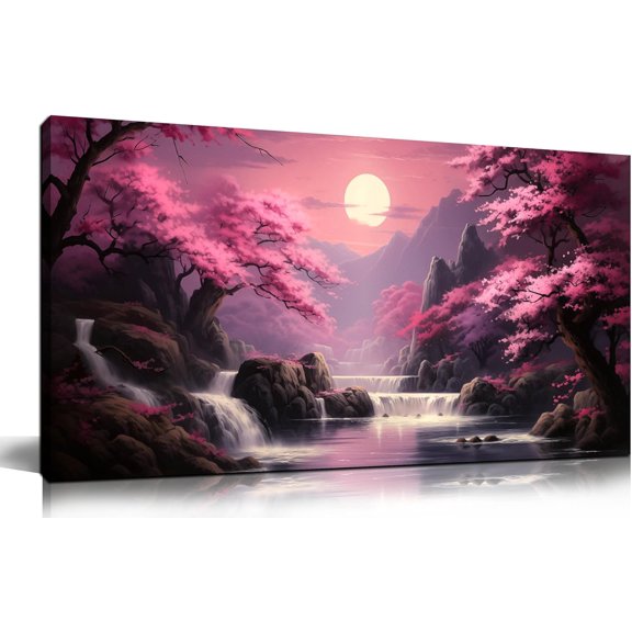 WFSposterLandscape Wall Art for Living Room Bedroom Office Pink Wall Art Moon Lake Mountain Pictures Modern Artwork Framed Wall Decor Canvas Prints