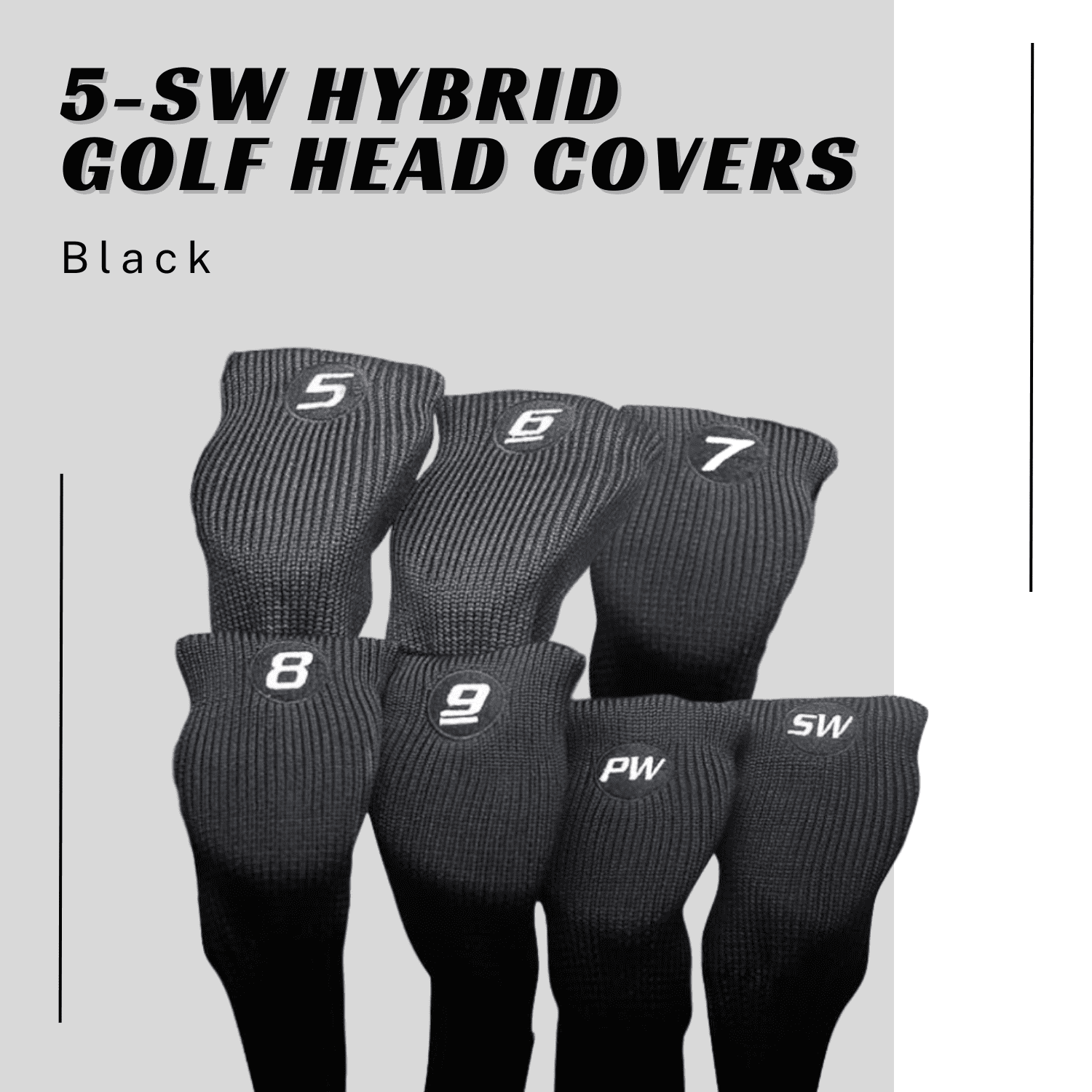 Majek All Hybrid Head Cover Golf Club Black Sleek Tight Fit Headcover Set 5-SW Acrylic Head Covers 5 6 7 8 9 PW SW Easy to See Large White Embroidered Numbers