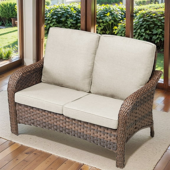 PPorfamilia Outdoor Rattan Loveseat Patio PE Wicker 2-Seat Couch Deep Seating Furniture with Beige Cushions, for Porch Backyard Deck Poolside Garden