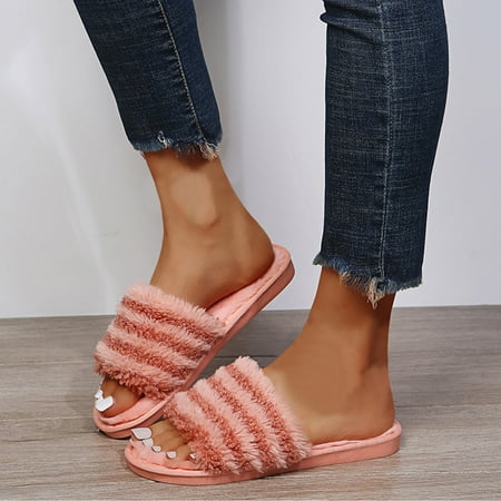 

MRULIC slippers for women Women s Fashion Round Toe Flat Color Matching Large Size Plush Casual Slippers house slippers for women Pink + US:7