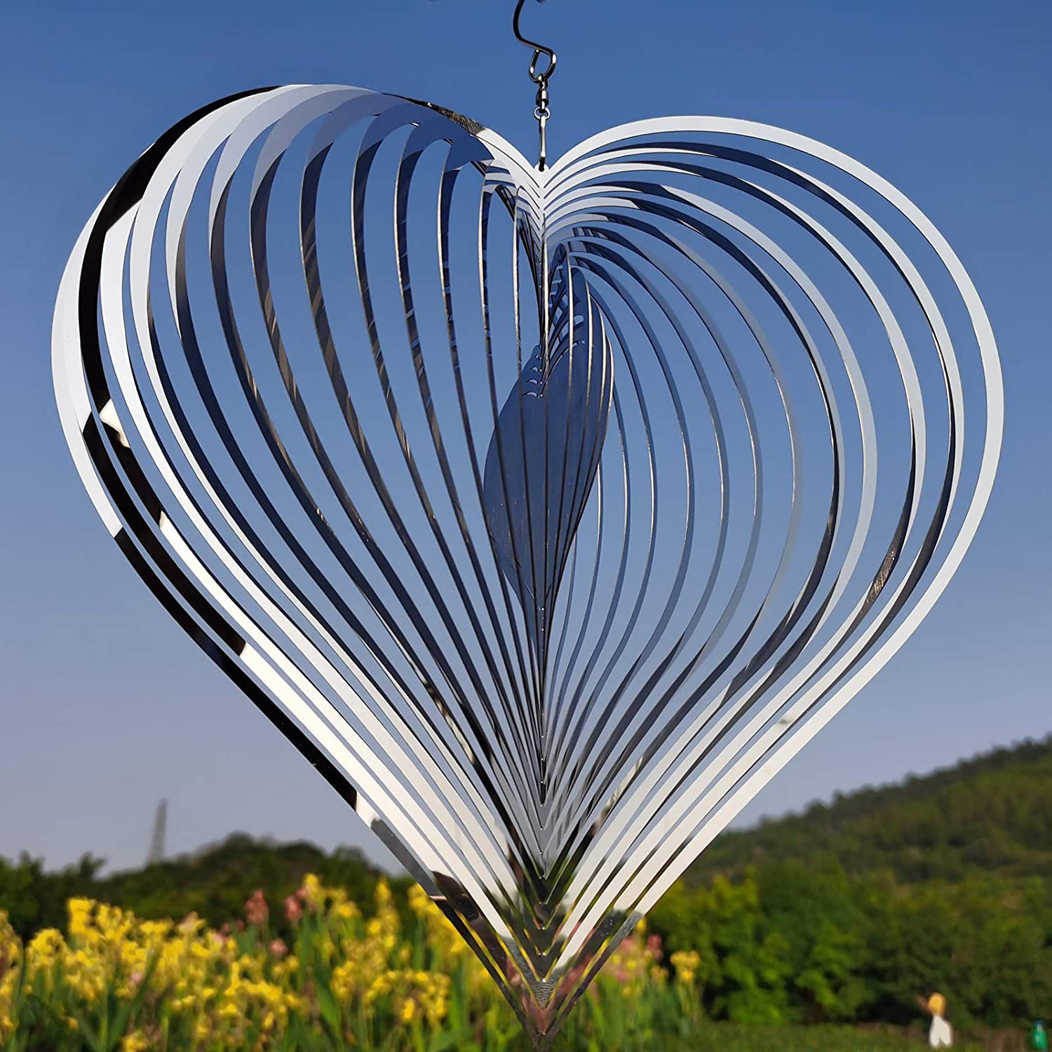 3D Heart Wind Spinner Stainless Steel Hanging Wind Chime Yard Garden Patio Decor 