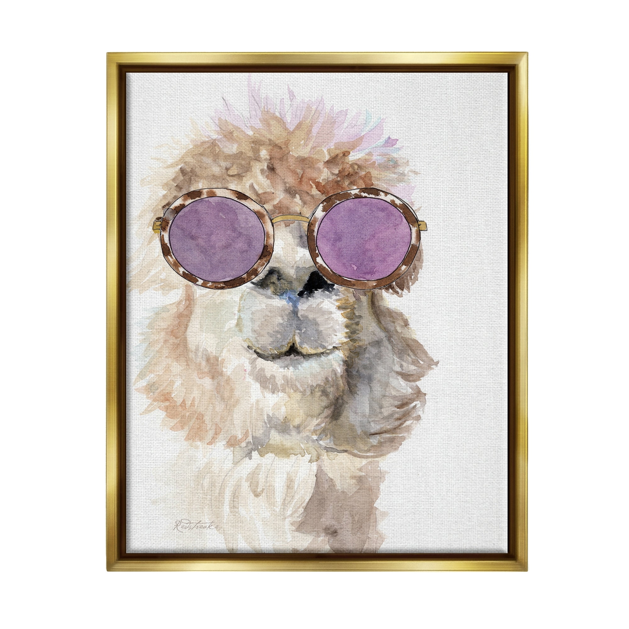 Stupell Industries Fluffy Alpaca Fun Purple Glam Sunglasses Portrait Painting Metallic Gold Floating Framed Canvas Print Wall Art, Design by Jennifer Redstreake