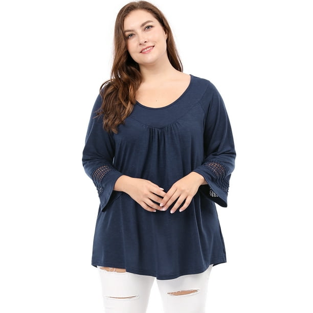 Blusa con mangas Raglán Agnes Orinda con Panel de Ganchillo TalGrande Azul 4XL