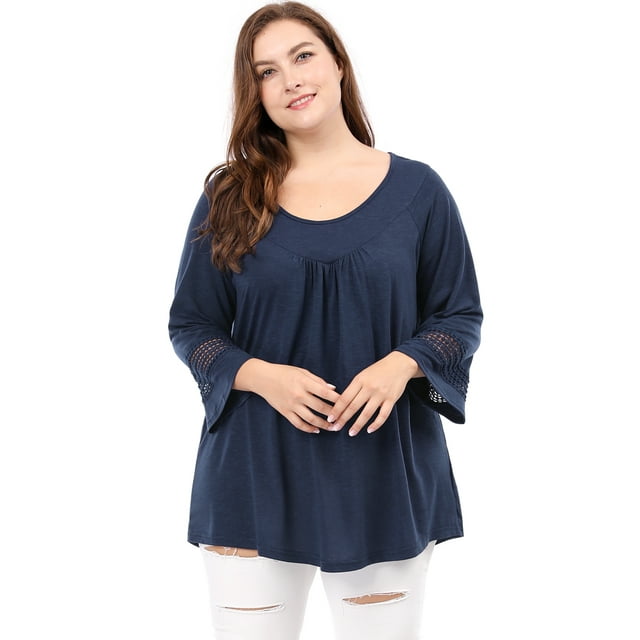 GRACE & GRANDEUR Hauts Décontractés Unis à Manches Raglan pour Femmes Grande Taille Bleu 4X
