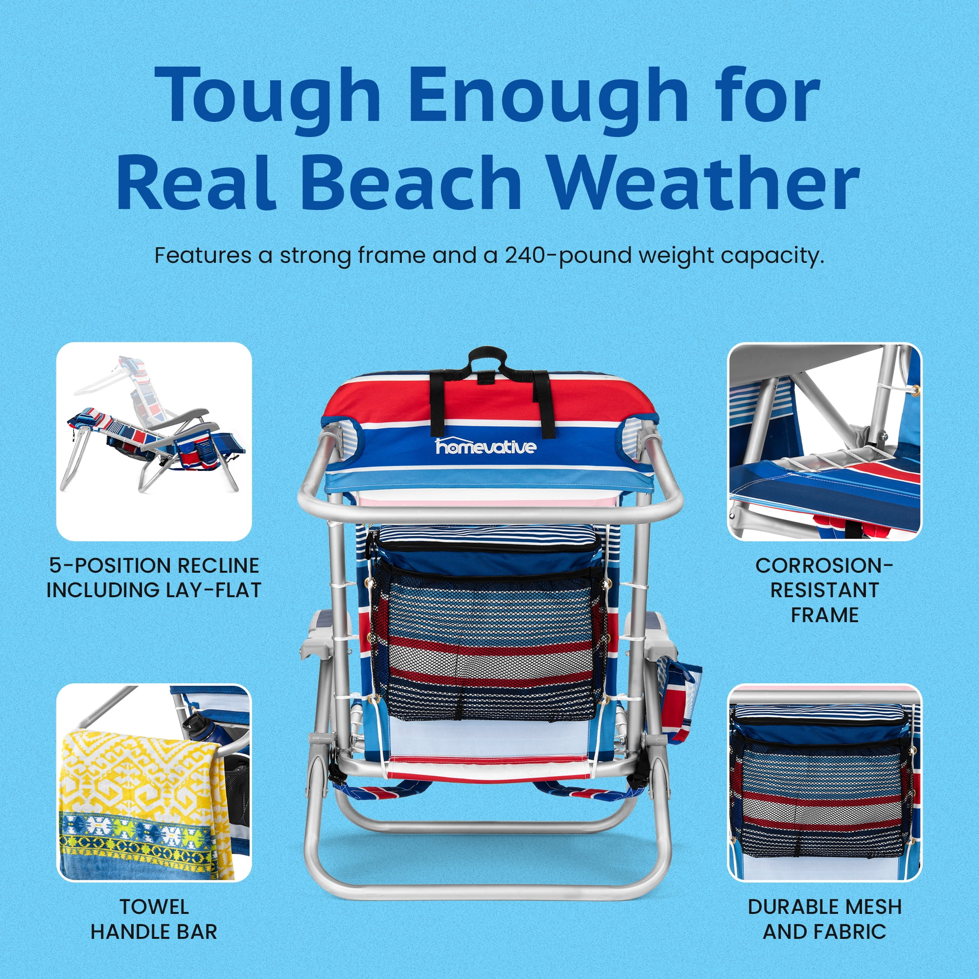 Homevative Cooler+ Folding Backpack Beach Chair with 5 Positions, Towel bar, XL Cooler Pouch, Storage Net, Cup and Phone