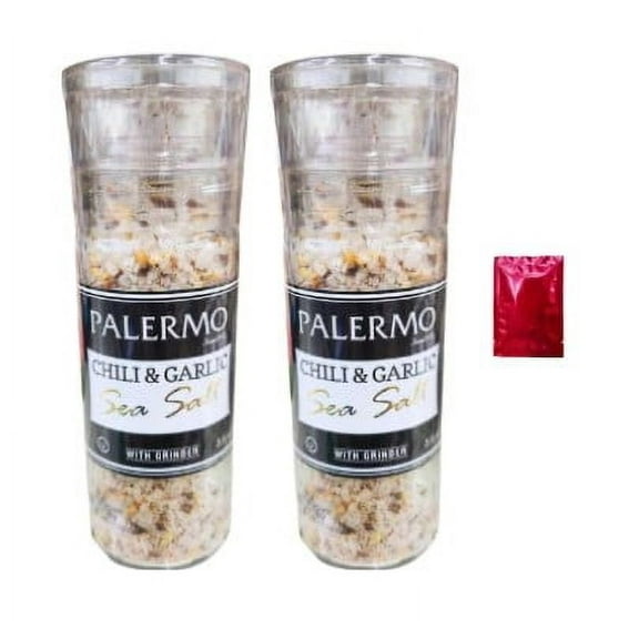 Palermo Chili & Garlic Sea Salt Seasoning Powder with Grinder – 3.9 Oz Bottle – Bold & Savory Seasoning Flavor for Meats, Vegetables, Home Kitchen Restaurant Cooking w/Bonus Canzonet Pennette