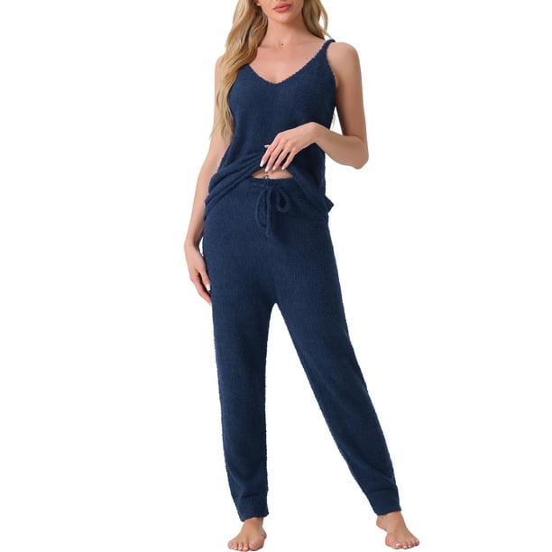 Conjunto de pijama de felpa esponjosa sin mangas para mujer INSPIRE CHIC, con pantalones jogger gruesos, ropa de casa y pijama, color azul marino