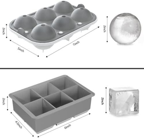 Ice Cube Trays (Set of 2), Sphere Ice Ball Maker with Lid & Large Square Ice Cube Maker for Whiskey, Cocktails and Homemade, Keep Drinks Chilled, Grey