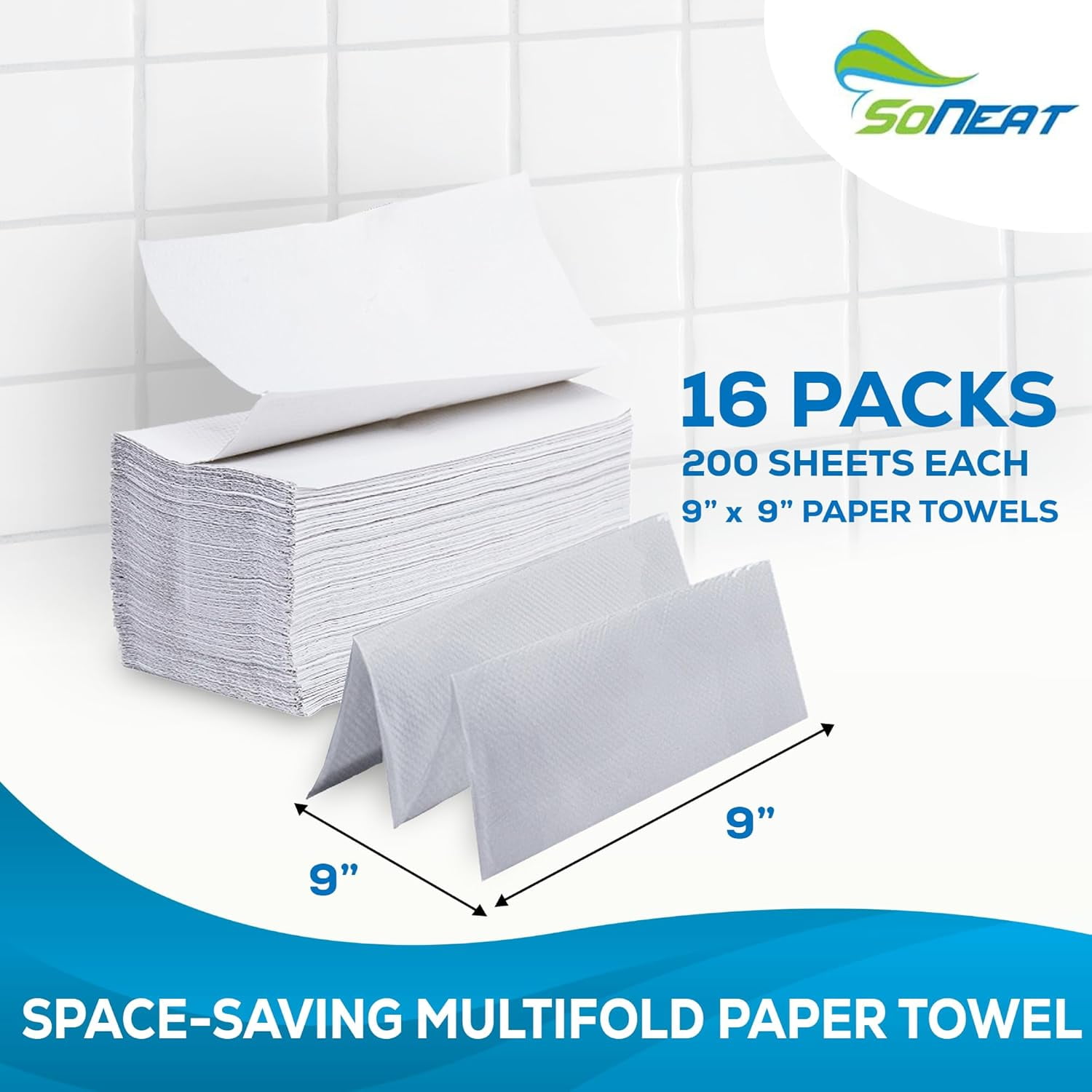 SoNeat Multifold Paper Towels, 3200 Sheets, 200 Count Per Pack Disposable Hand Towels for Bathroom, Commercial, Household, and Public Facilities, 100% Virgin Wood Pulp, 16 Packs