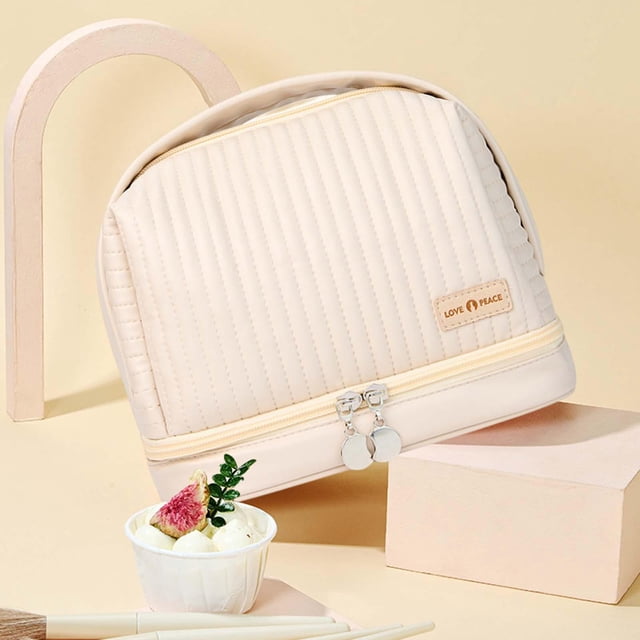 Bolsa de Maquillaje de Cuero PU Baoblaze Neceser de Viaje Resistente al Agua Beige