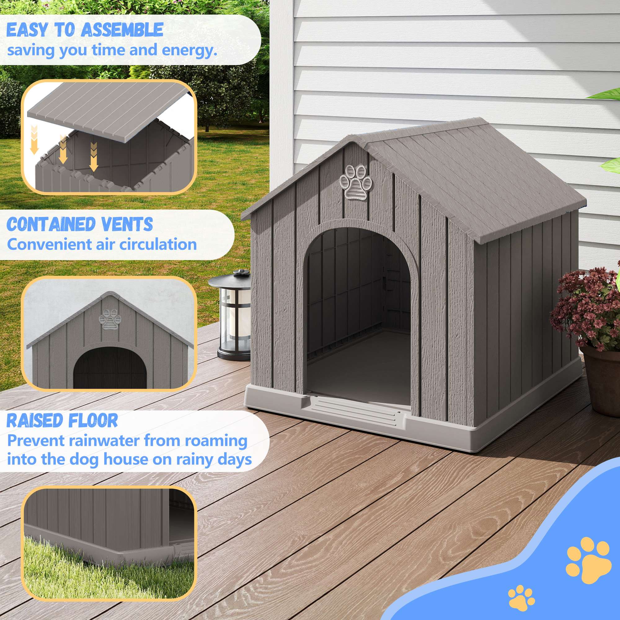 EasyUp Dog Houses Resin Small Indoor Outdoor Dog Kennel for All-Weather Use Cozy Shelter for Small Dogs in Home, Garden, or Balcony(Gray)