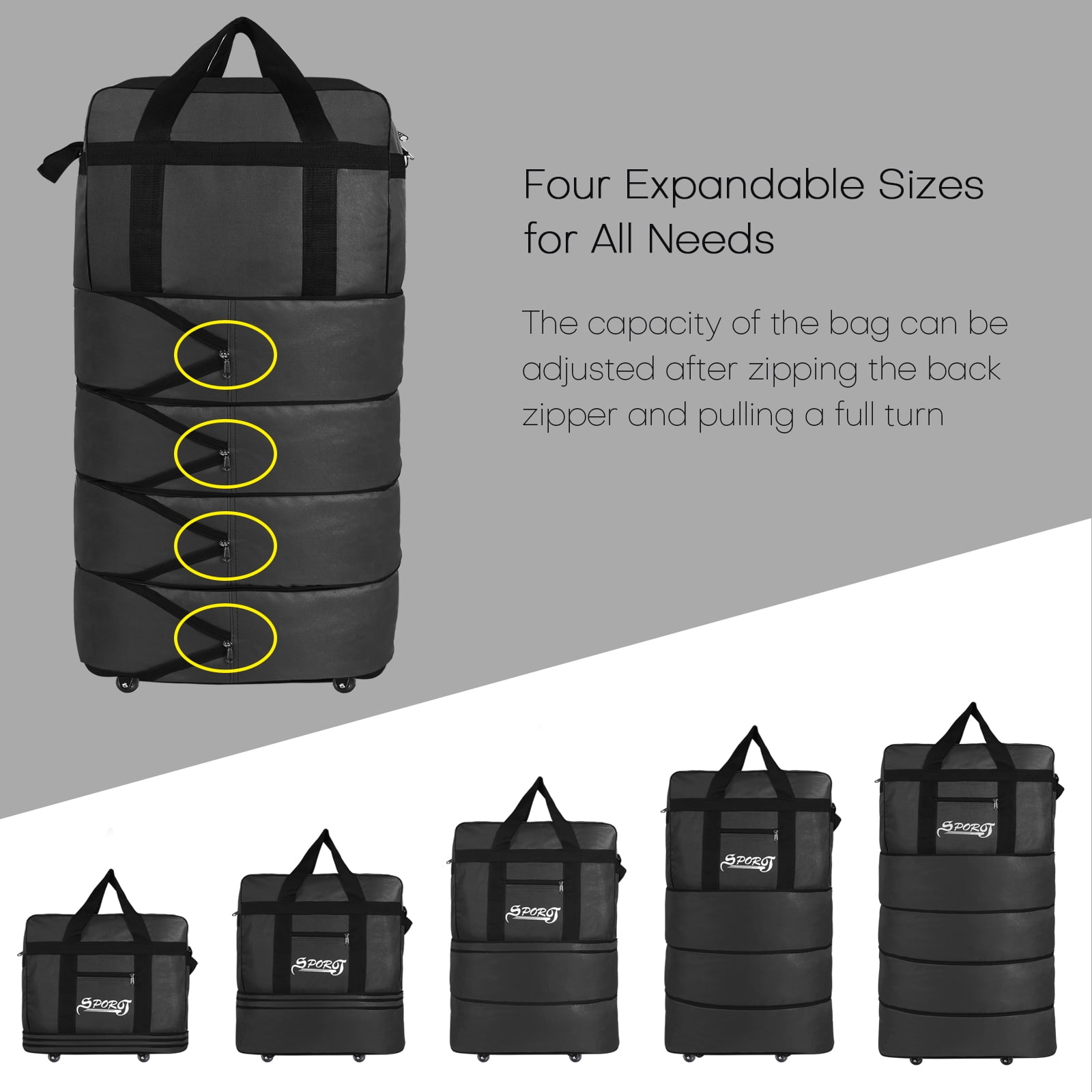 36in Expandable Suitcase Bag 3 Layer Collapsible Rolling Wheeled Duffle Bag  Large for Home Storage Cargo Travel Business Moving Luggage, Black