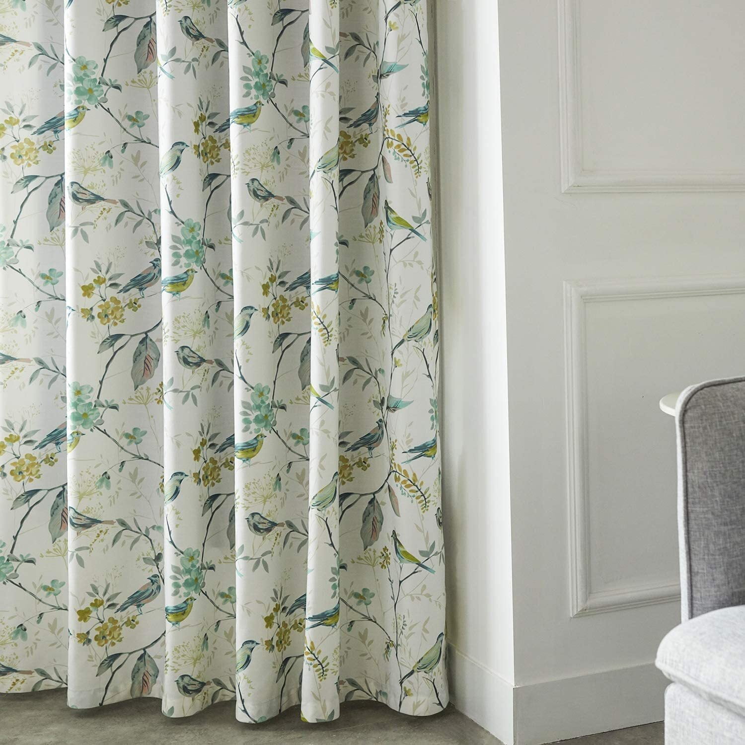 VOGOL Green Birds and Flower Printed Linen Curtains, Blackout Window Panels for Bedroom, One Panel, W52xL84, Grommet