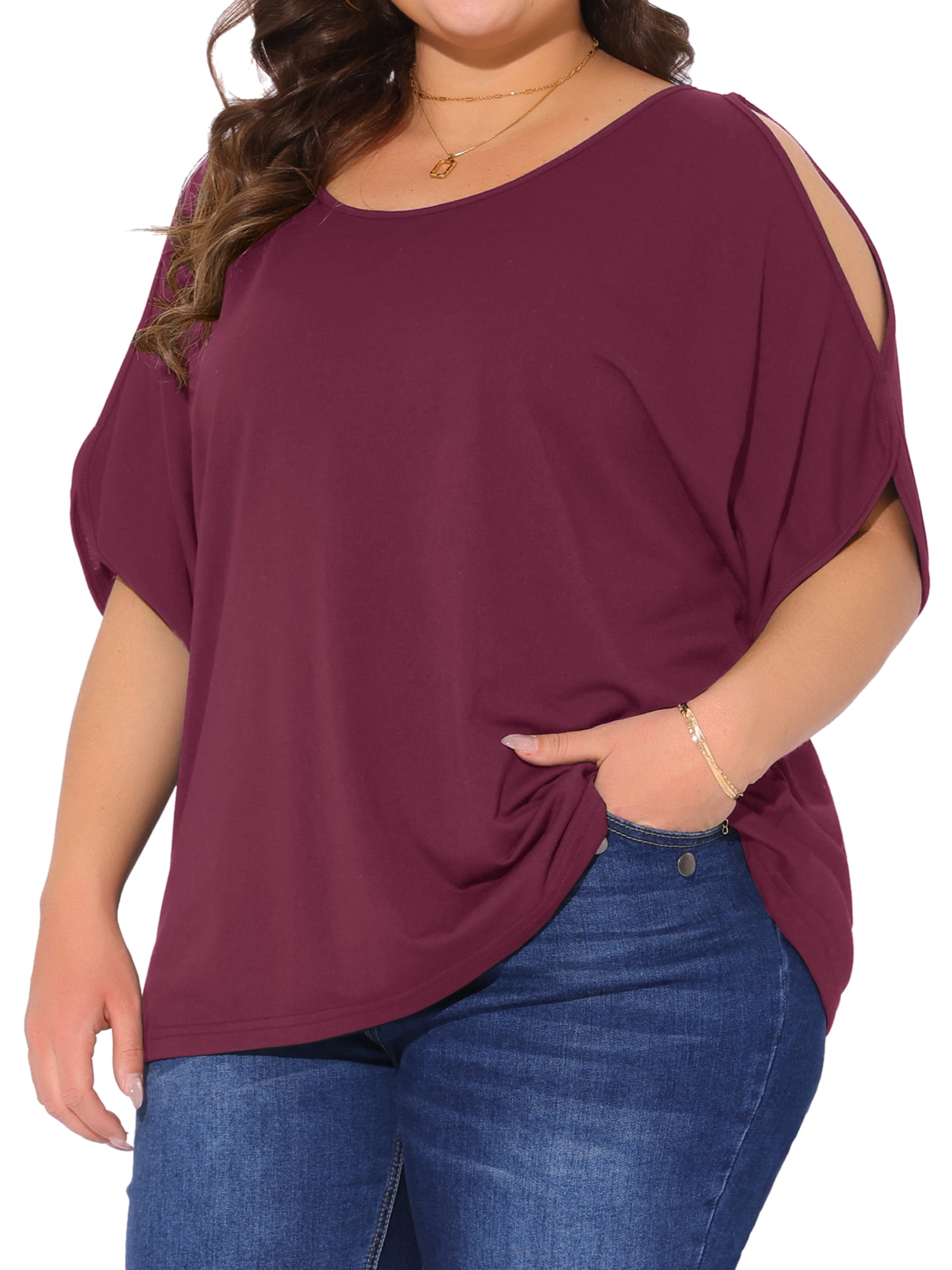 DARING DIVA Women's Plus Casual Crew Neck Cold Shoulder Summer Blouse 4X Burgundy