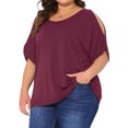 thumbnail image 2 of DARING DIVA Women's Plus Casual Crew Neck Cold Shoulder Summer Blouse 2X Burgundy, 2 of 6