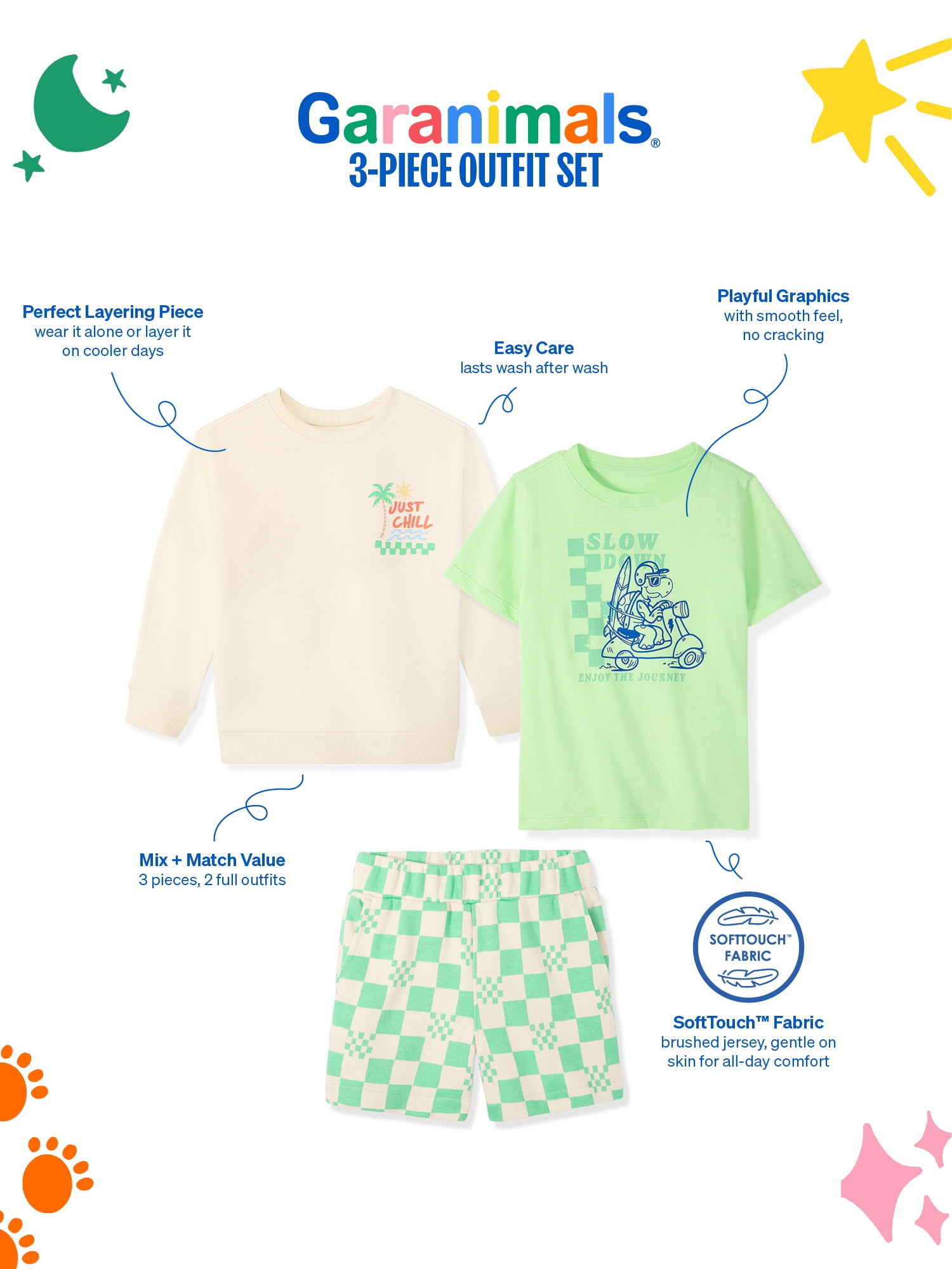 Garanimals Newborn, Baby & Toddler Boy Cotton 3-Piece Set, Graphic Sweatshirt, T-Shirt & Pull-On Shorts, Sizes 0-6T