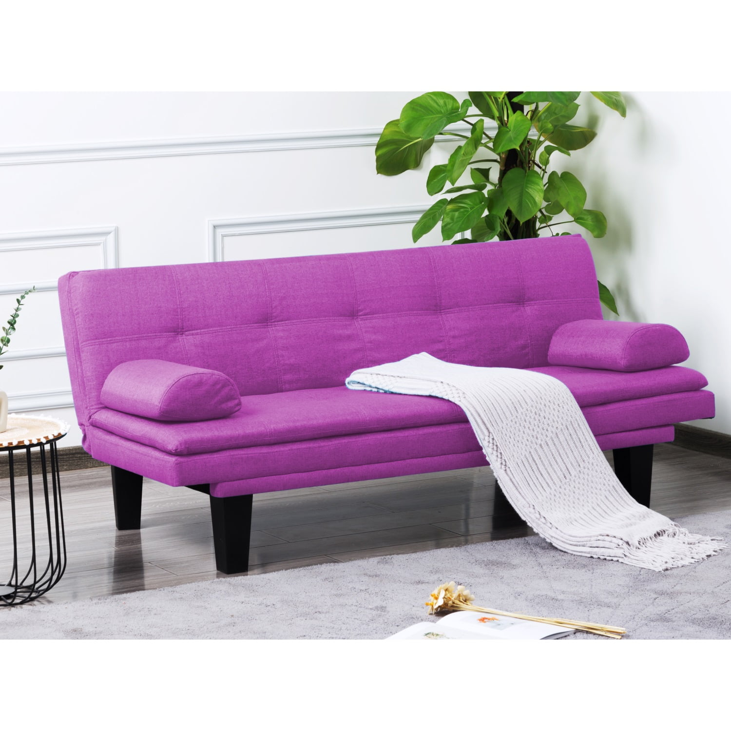 Kadyn 63.4" Futon Sofa bed, Polyester Upholstered Sofa bed with 2 arm cushions, Modern Futon Sofa bed for apartment, Purple