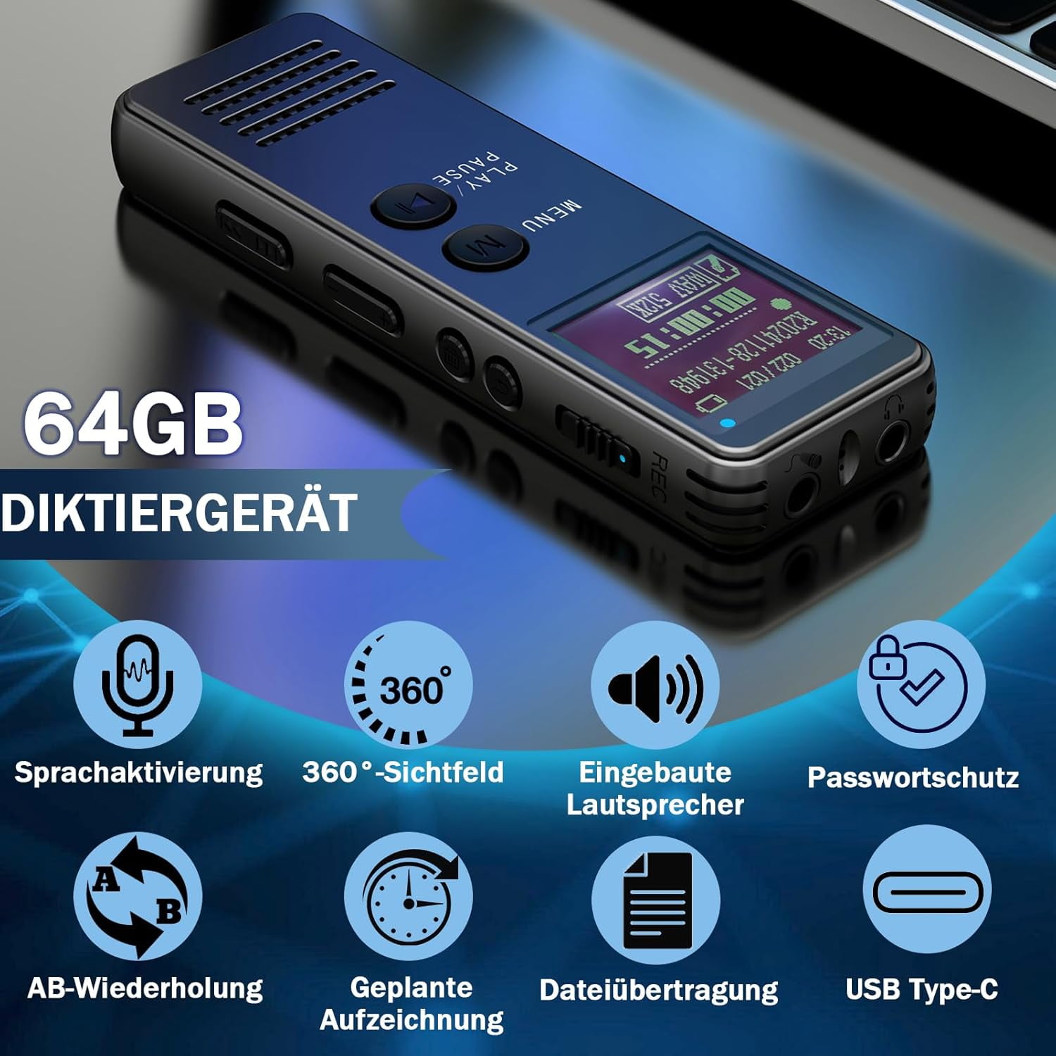 Samovi 64GB Digital Voice Recorder, 1536 Kbps Audio Recorder with Playback, Voice Activated Recording, Noise Reduction, 40H Battery Life, MP3 Player for Meetings, Lectures, Interviews