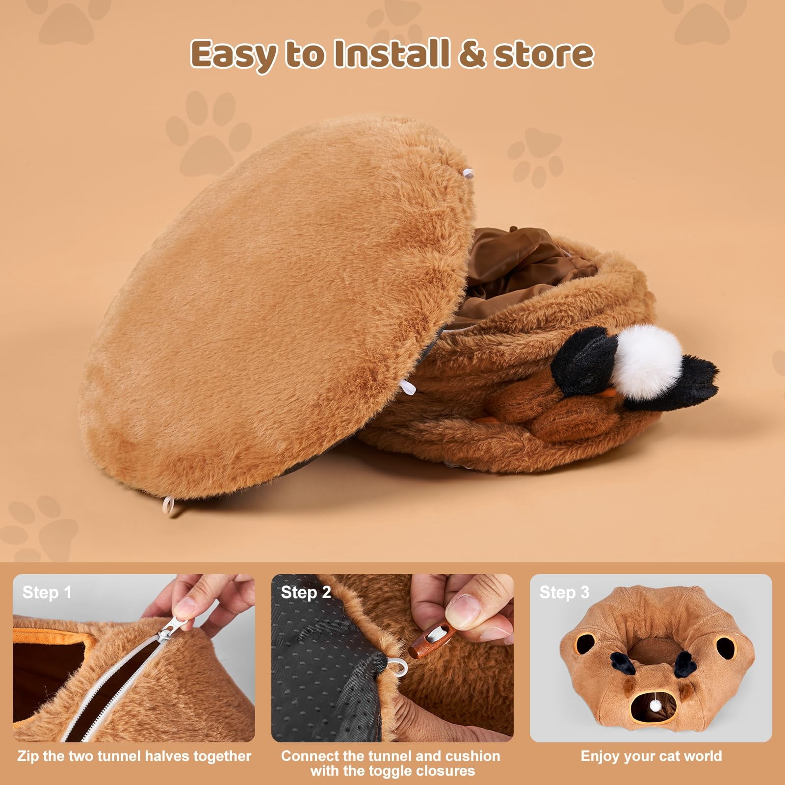 Cat Tunnel Bed With 20 Interactive Toys  3-in-1 Diy Collapsible Plush Tube Washable Mat Large Indoor Play Cave For Kittens And Small Animals